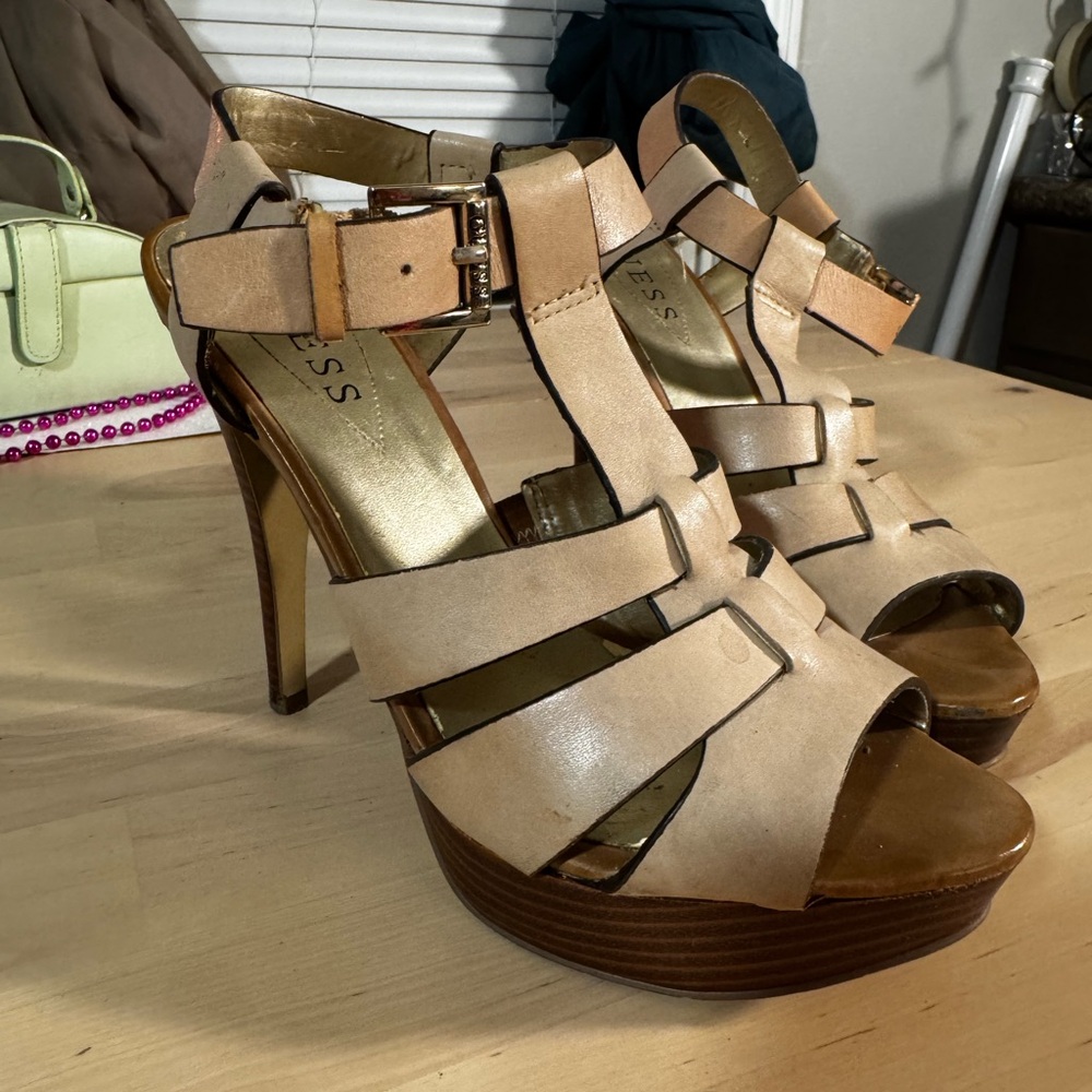 Guess Women's 6.5 Beige Platform Strappy Heels